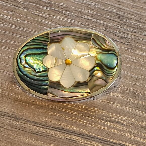 Vintage Alpaca Silver & Abalone Brooch with Inlaid Mother of Pearl Flower - Picture 1 of 7